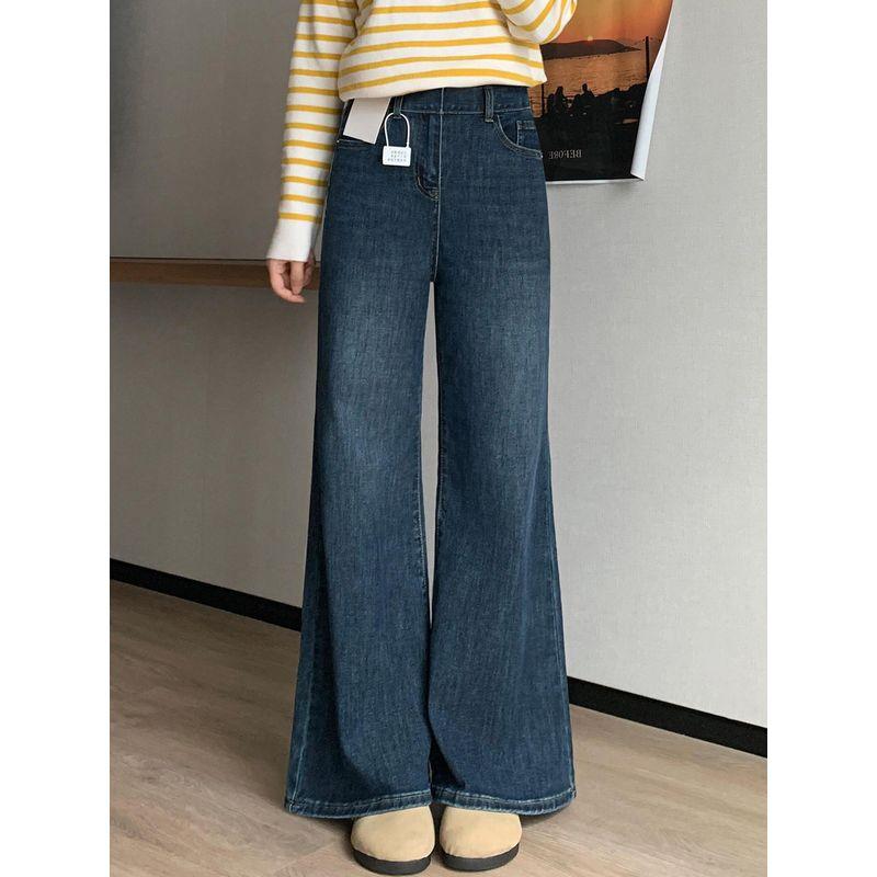 Dark Blue Flared Jeans for Women, New Summer Style for Plus-Size Girls, High-Waisted, Slimming, Pear-Shaped Body, Straight-Leg Flared Pants