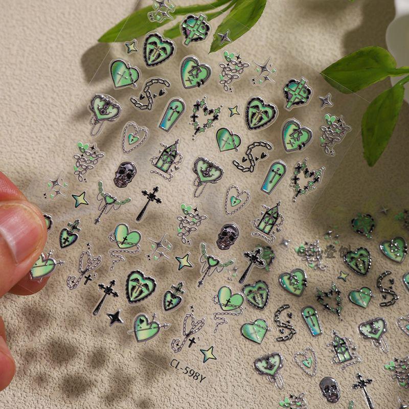 

Cyansea Horror Atmosphere Nail Art Stickers - Laser Skull & Star Nightclub Decor Mysterious Green Charm Set [1 sheet]