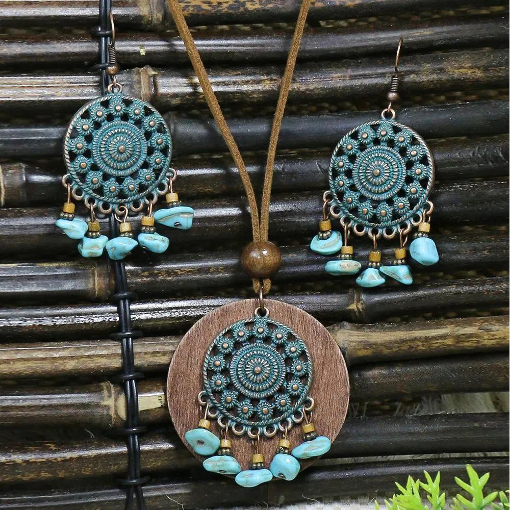 

Ethnic Retro Alloy Wood Pendant Necklace Earring Set One Size синій