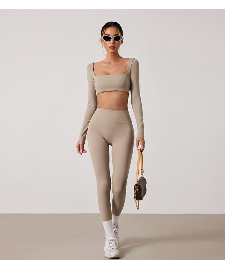 European & American Dance Yoga Wear: Sexy Square Neck Long Sleeve Top & High Waist Hip-Lifting Pants Set