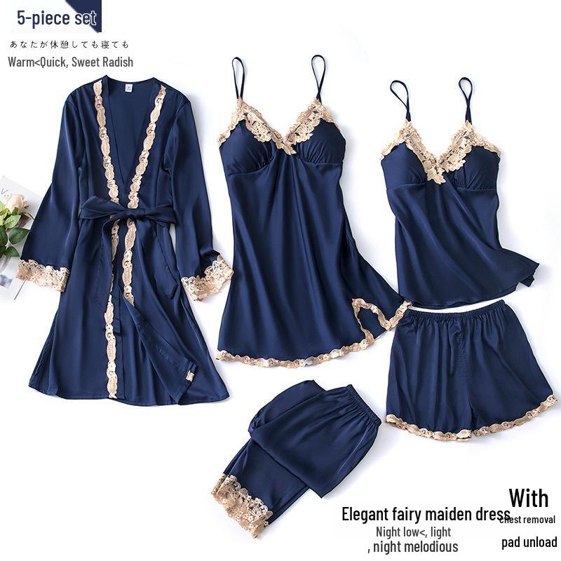 Women's Sexy Spring & Autumn Silk Pajamas 5-Piece Set: Thin Summer Ice Silk Nightdress & Robe with Chest Pad.
