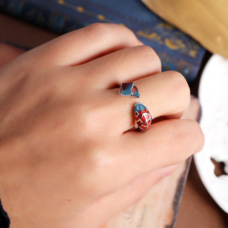 [Enter brocade] Retro medium enamel open silver ring men's and women's cloisonne simple temperament antique index finger ring