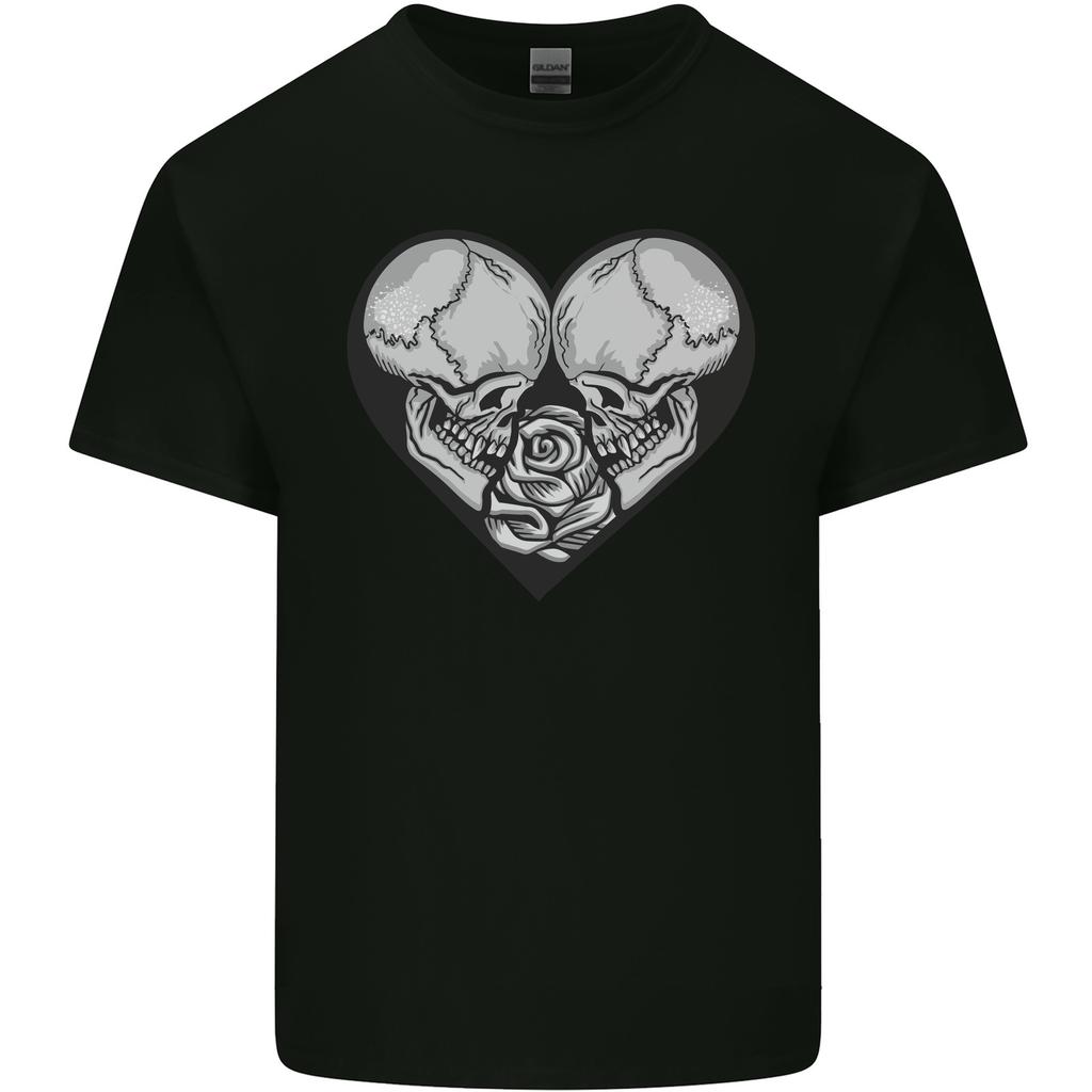 Two Skulls a Heart and Rose Gothic Goth Love Unisexs Light Cotton TShirt