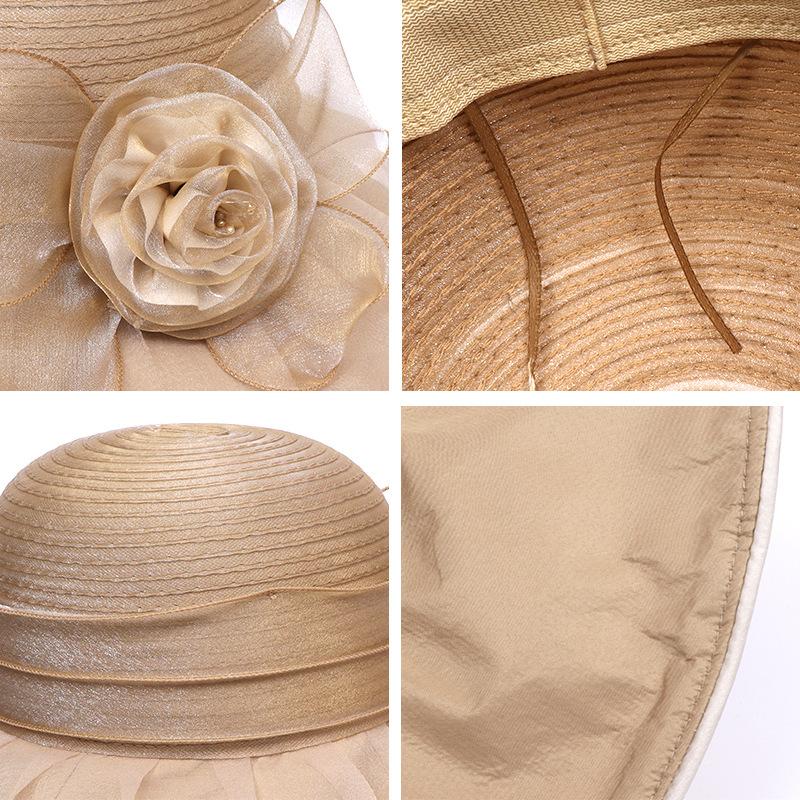 Summer travel visor breathable bucket hat summer ladies foldable sunscreen basin hat organza big flower elegant