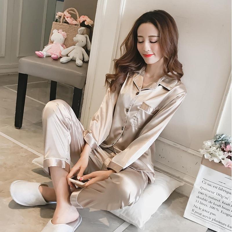 GMXIA Spring and Autumn Faux Silk Pajamas for Women, Long-sleeved Thin Shirts, Sexy Ice Silk Home Wear and Casual Pajama Sets