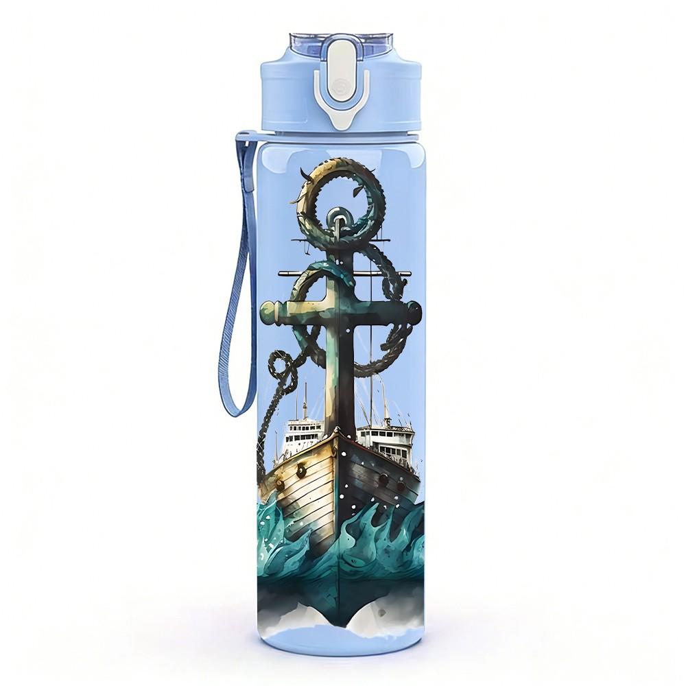 1PC Vintage Anchor Marine Pattern 750ml Color Plastic Sports Water Bottle Leakproof Flip Straw Lid Suitable for Sports Office Home Use