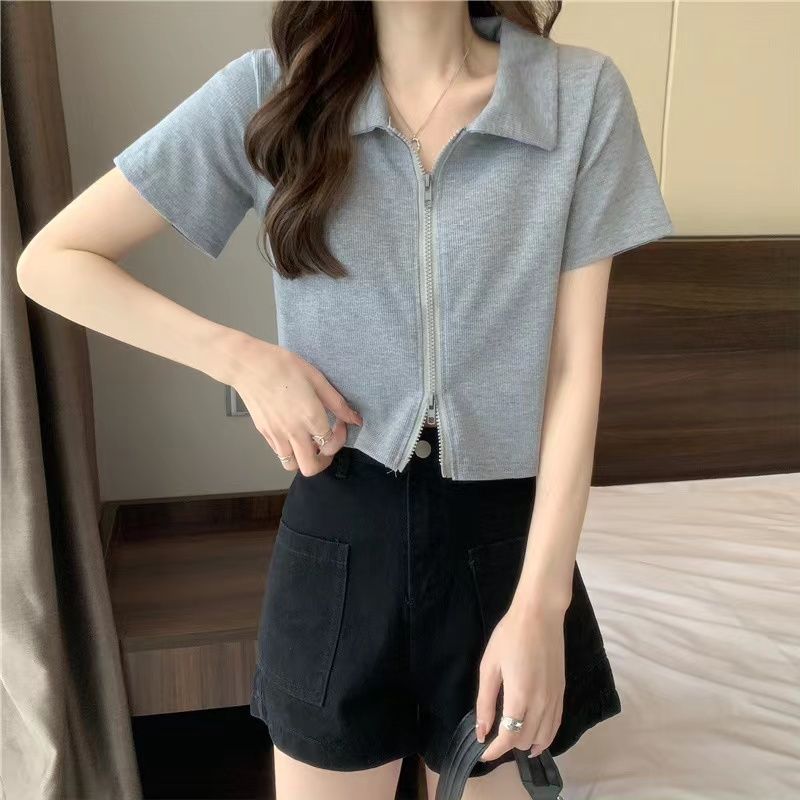 American Hot Girl Polo Neck Short-sleeved T-shirt for Women Summer Design Double-head Zipper Niche Slim Fit Short Top