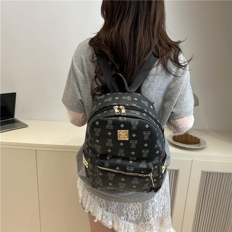 Women's Bag New Fashionable Retro Bear Printed Backpack Large Capacity Student Schoolbag Pu Backpack