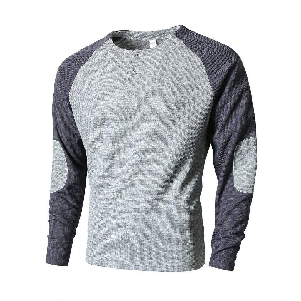 Men's Cross-Border Casual Raglan Sleeve Patchwork Round Neck Waffle Knit Sweatshirt for Spring/Autumn