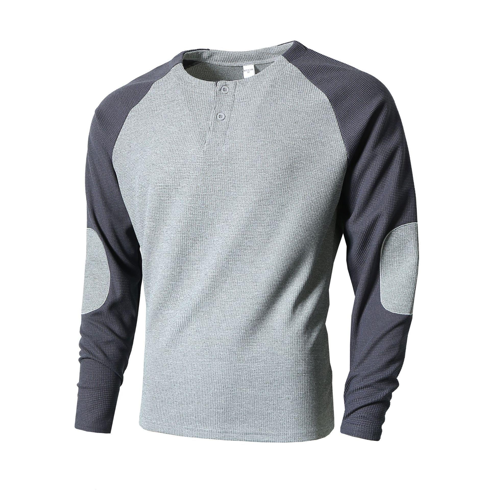 Men s Cross-Border Casual Raglan Sleeve Patchwork Round Neck Waffle Knit Sweatshirt for Spring/Autumn Large (L)