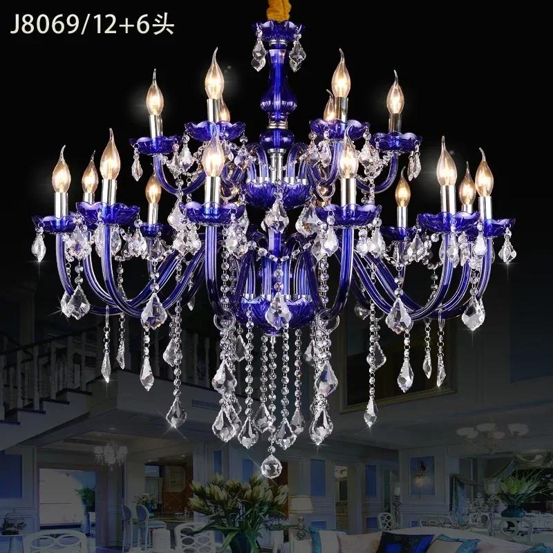 Luxury Blue Crystal Ceiling Chandelier for Living Room Bedroom Decor Hanging Lamps Hotel Restaurant Cafe Lobby Pendant Light