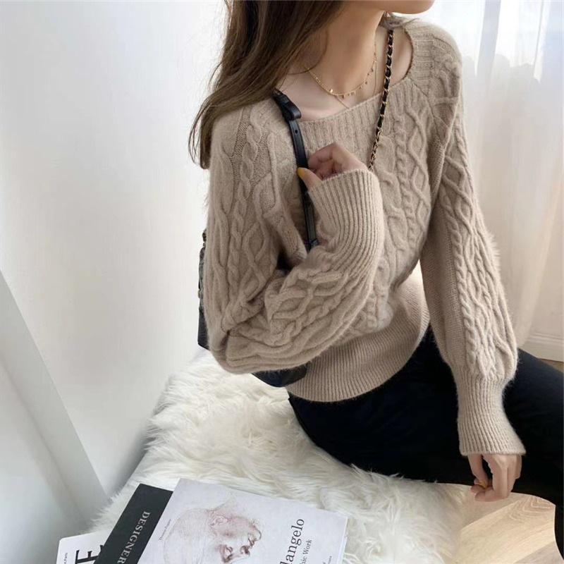 Korean Style Loose Square Neck Sweater - Women's Thick Cable Knit Waist-Slimming Top for Autumn/Winter
