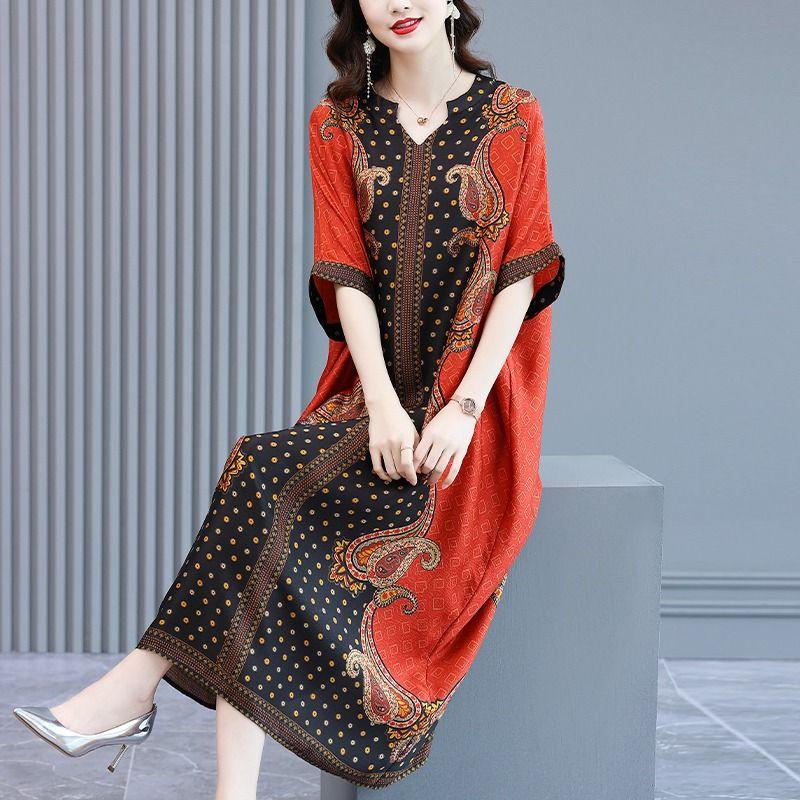 Folk Paisley Printed Long Dress Spliced Women's Casual V-Neck Summer Short Sleeve Vintage A-Line Loose Dresses