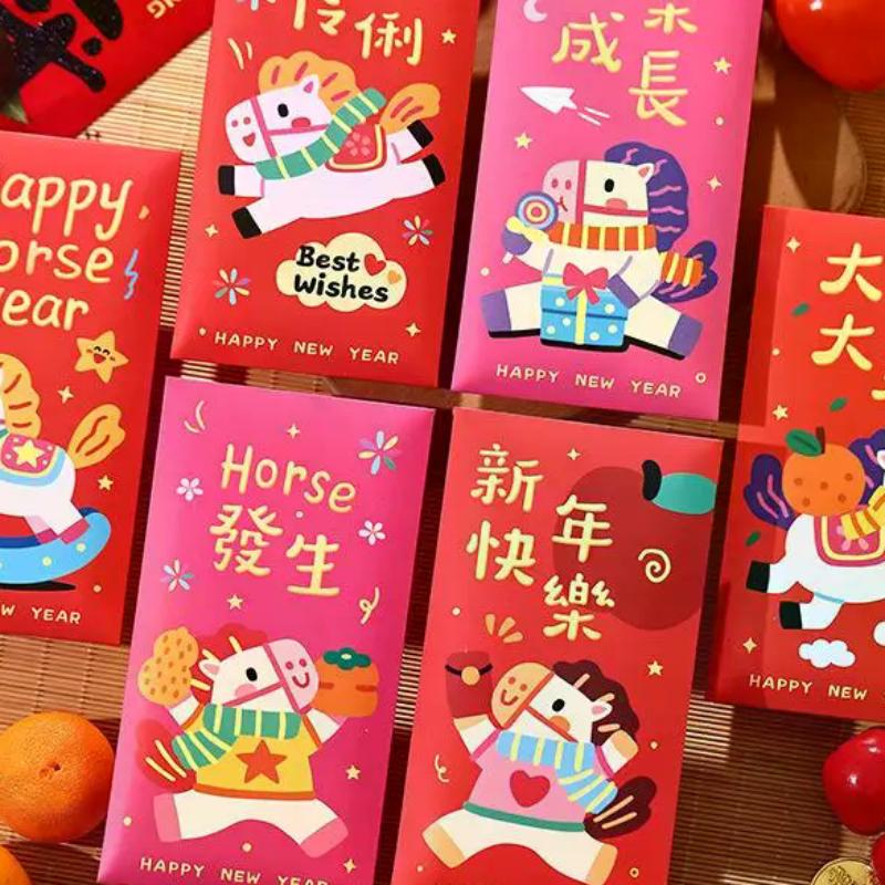 6Pcs 2026 Horse Year Red Envelope Creative Spring Festival Kids Gift Lucky Money Envelopes Cartoon Pony Pattern Red Packet
