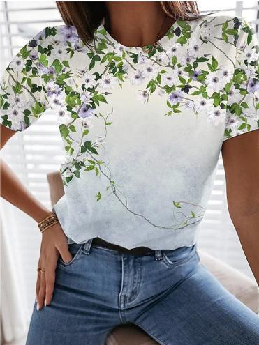 Women's T-shirt Flower Bird Print Short Sleeve Casual Daily Basic Daily Crew Neck Regular Flower Painting 3D Printing