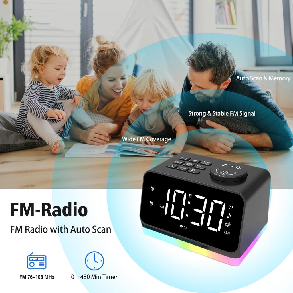 Sveglia HUO JI, Orologio da scrivania con Radio, Luce notturna, Rumore bianco integrato, Doppio allarme, Timer di spegnimento, Nero