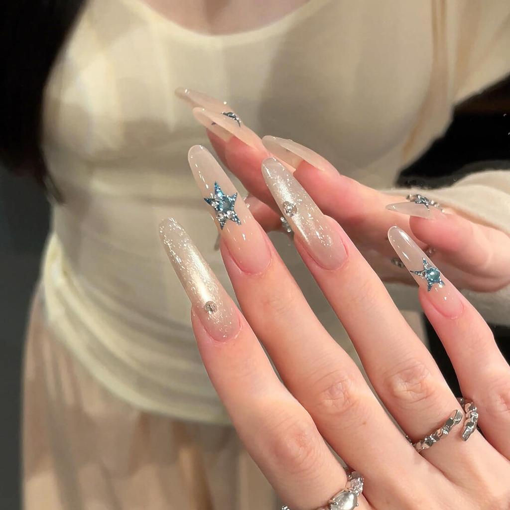 Naked spar blue star cat's eye pure hand-worn nail ice transparent ins wind advanced nail patch fake nail