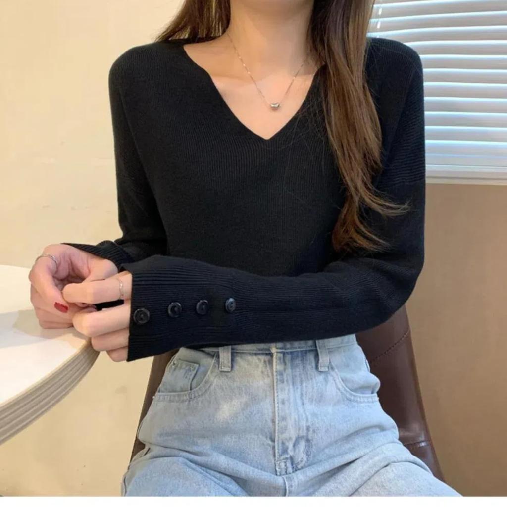 Pullocardi Ribbed Knit Sweater in Pure Long Sleeve Pullover with Button Loose Stylish Black Women's V-Neck Color, Cuffs, Fit,