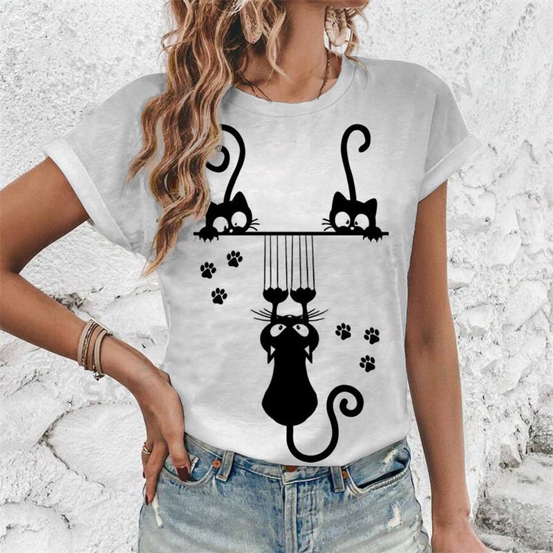 Music Cat Pattern T-Shirt For Women Funny Animal 3D Printed Tees Summer Harajuku Round Neck T Shirts Short Sleeves Loose Tops