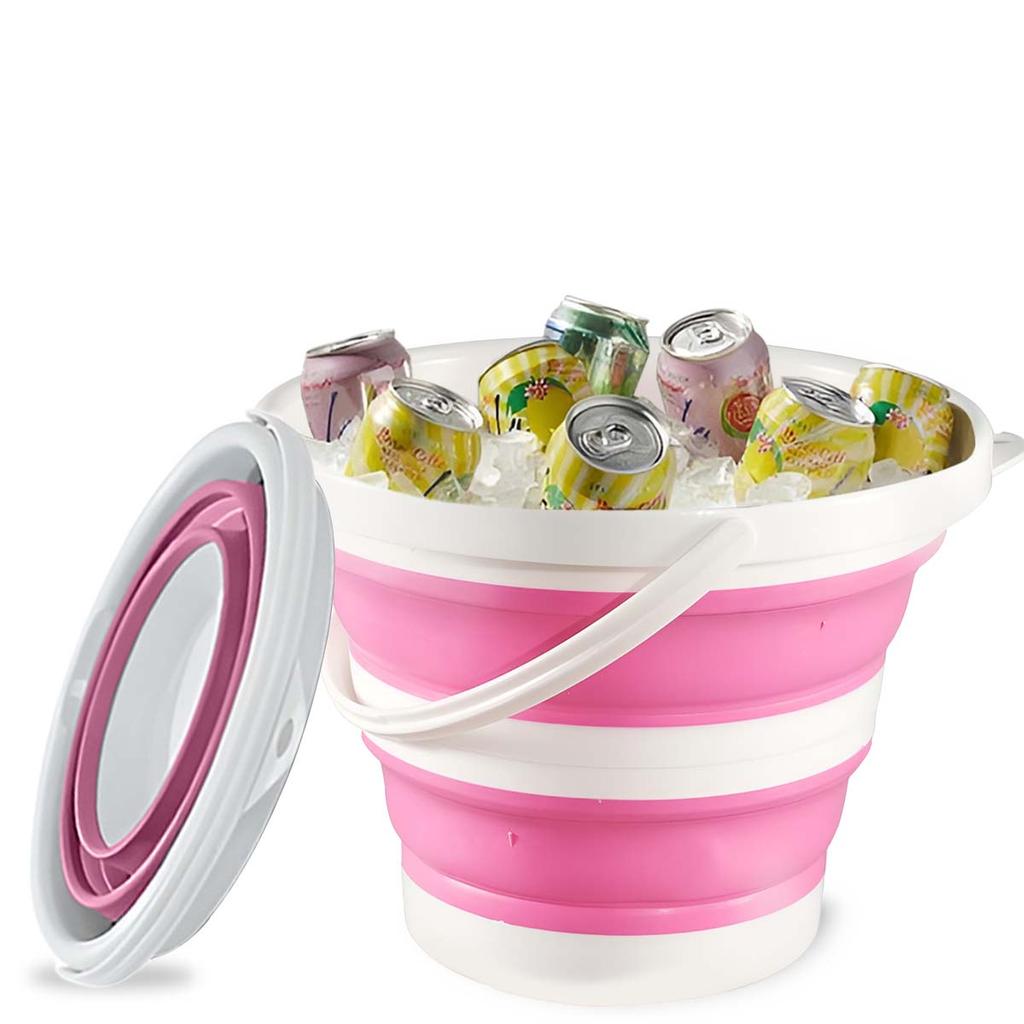 PINK Portable folding bucket, silicone plastic car bucket, children's outdoor fishing bucket, travel home multifunctional bucket
