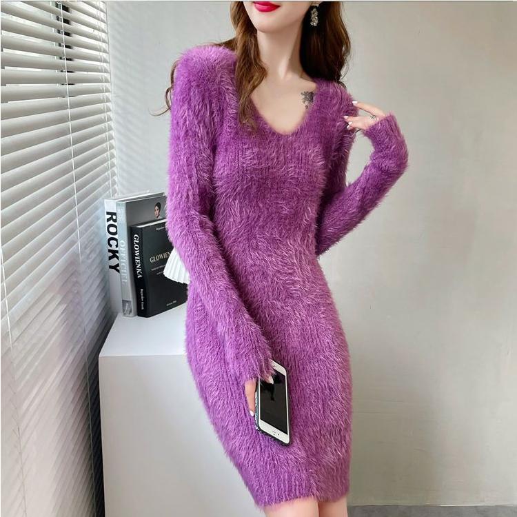 

Осень-зима женский повседневный бархат из искусственной норки, сохраняющий тепло, сексуальный облегающий свитер с v-образным вырезом, большой размер, вязаное мини-платье S-3XL M