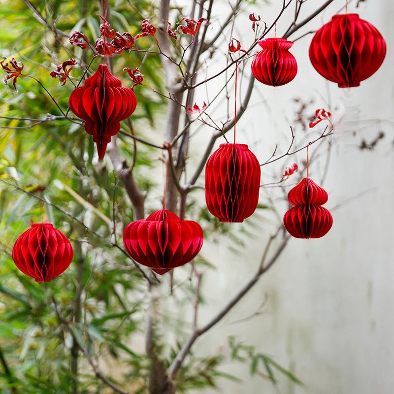 2026 New Year Decoration 3D Honeycomb Hanging Pendants Red Paper Lantern Christmas Navidad Decor Xmas New Year Hanging Ornament