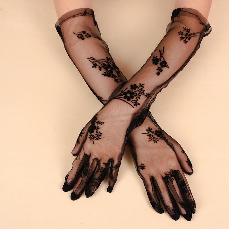 Sexy Black Mesh Flower Lace Gloves Long Bride Wedding Po Elbow Gloves Costume Parties Accessories