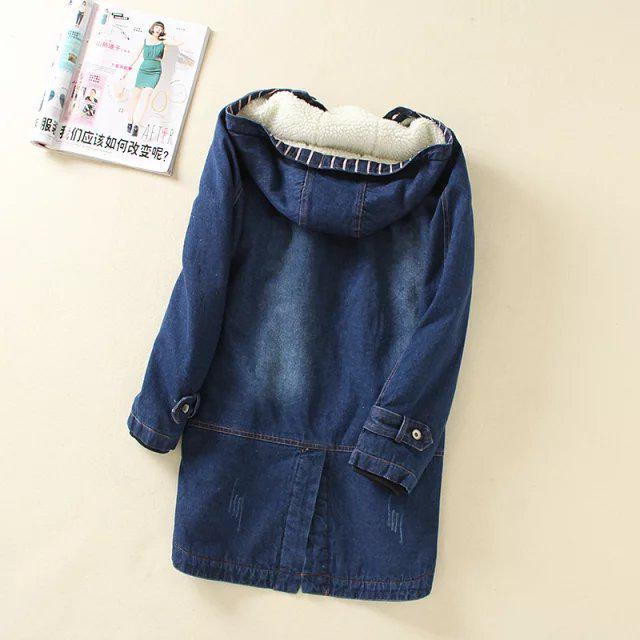 Women's Plus Size Hooded Denim Cotton Coat with Fleece Lining - Korean Style, Mid-Length, for Autumn and Winter.