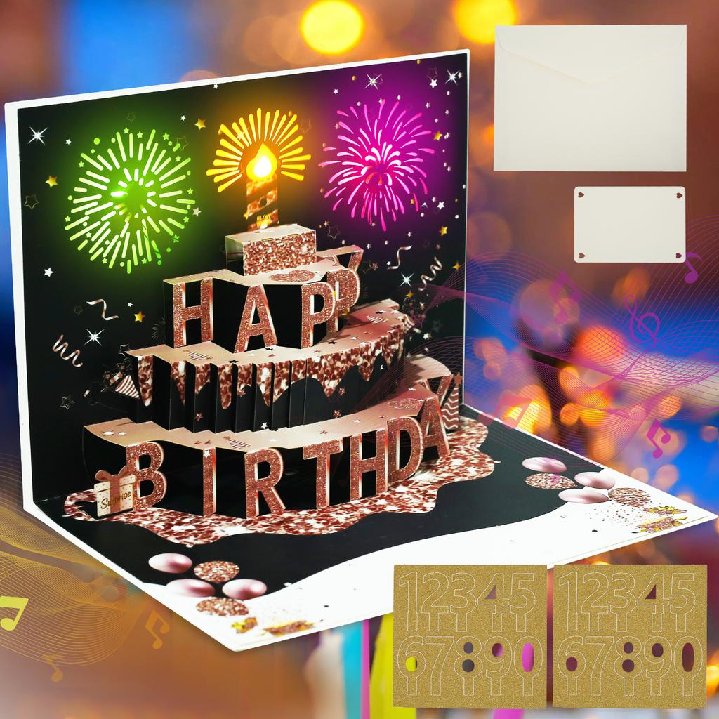 Feuerwerk Geburtstage Grußkarten Schöne Grußkarten mit Lichtern und Kuchen Musikalische Pop-Up Feuerwerkskarten Geburtstagsgeschenk