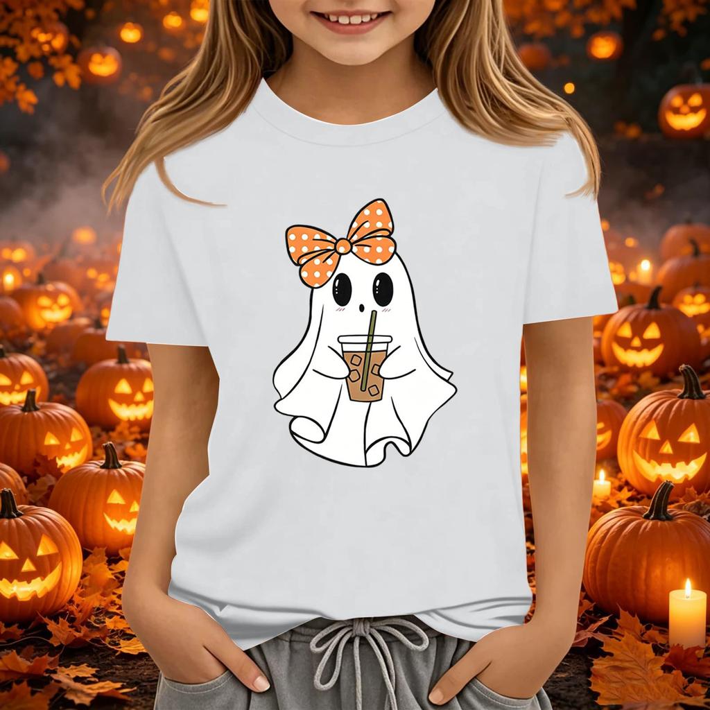 Kids Halloween Printed Short Sleeve T-Shirt Loose Fit Round Neck Casual Tee