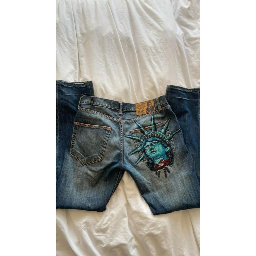 RogueWave Y2k 2000s Statue of liberty Diamonds Jeans Casual Denim Pants High Waist Straight Wide Leg Jeans Harajuku Vintage Women Clothing