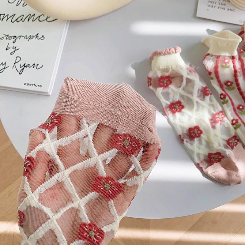 5 Pairs Women Socks Harajuku Summer Cartoon Lace Ankle Sock Casual Socks Transparent Elastic School Girl Short Socks