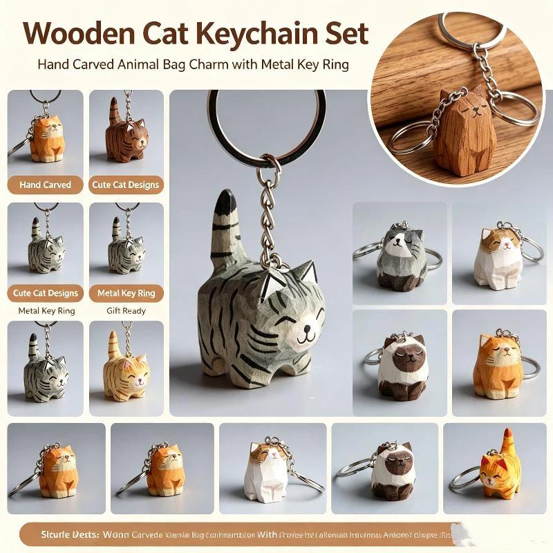 Funny Handmade Carved Wooden Cat Keychain Creative Pendant Non-toxic Material Unisex Keyring for Daily Key Organize