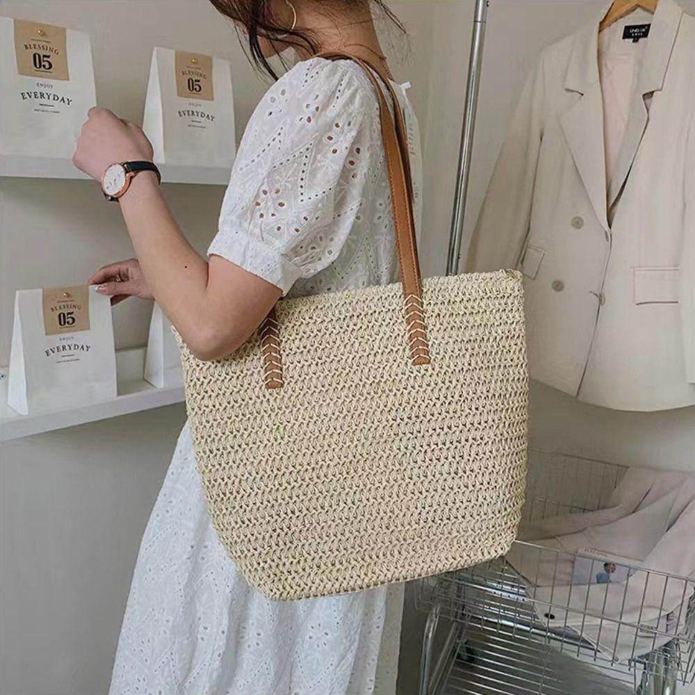 Plážová taška na zip Bohémský styl Raffiová taška přes rameno Ležérní tkaná slaměná taška Tote Letní