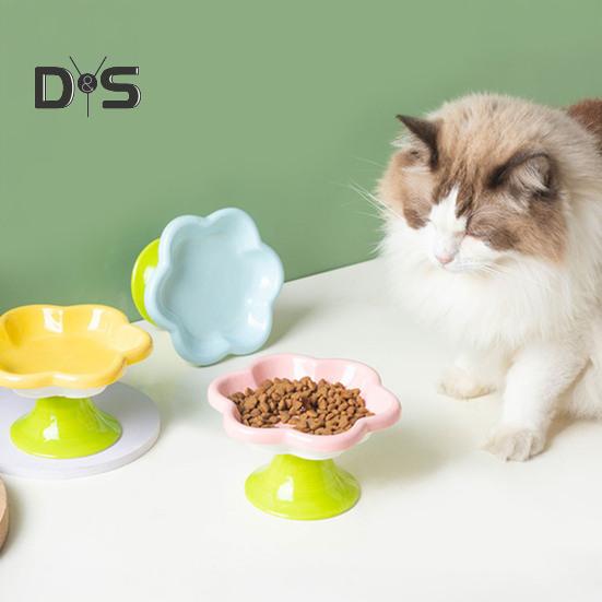 Ceramic Raised Cat Bowls Flower Design Elevated Cat Food Water Bowl Small Cat Feeding Dish for Cats Small Dogs