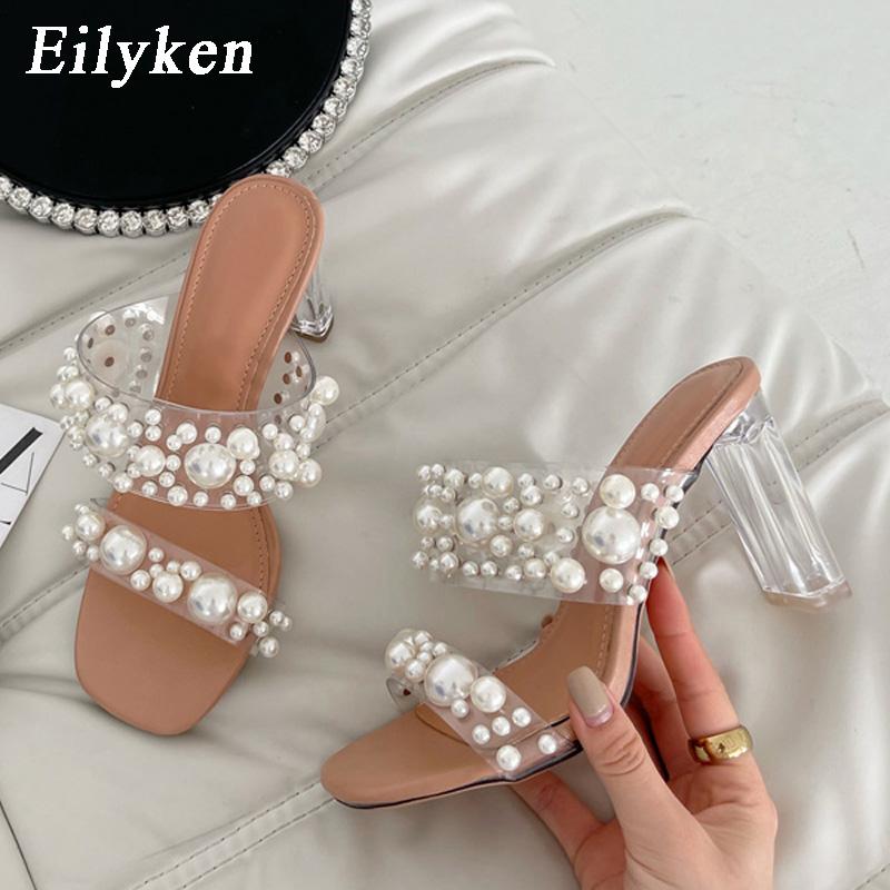 

Fashion Eilyken New Transparent PVC String Bead Shoes Woman Fashion Open Toe Slippers Crystal Perspex Heels Slides Beach Femme Sandale 37