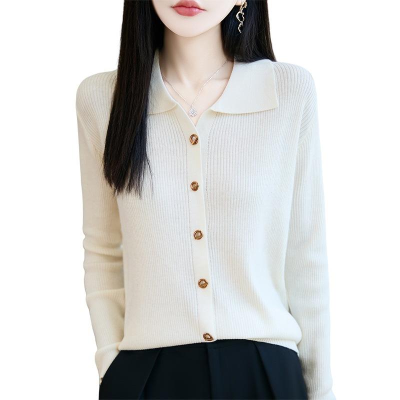 Wool Lapel Knitted Cardigan with Long Sleeves and Ribbed Cuffs, Loose-fitting Top