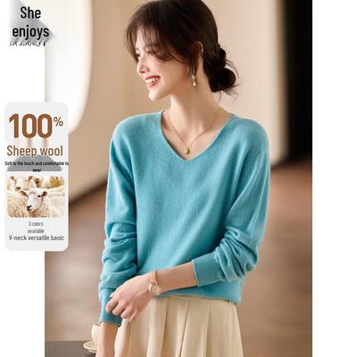 Damen 100% Merinowolle V-Ausschnitt Pullover