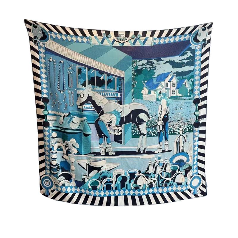 NINA SOLOR Pony Post Station Double-Sided Silk Wool Square Scarf Shawl