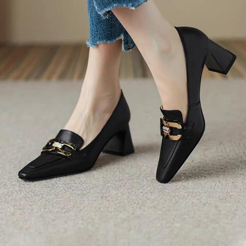 Leather High Heel Single oes Women's Spring Autumn New Coarse Heel Square Head Work oes Versatile Loers Casual Sle