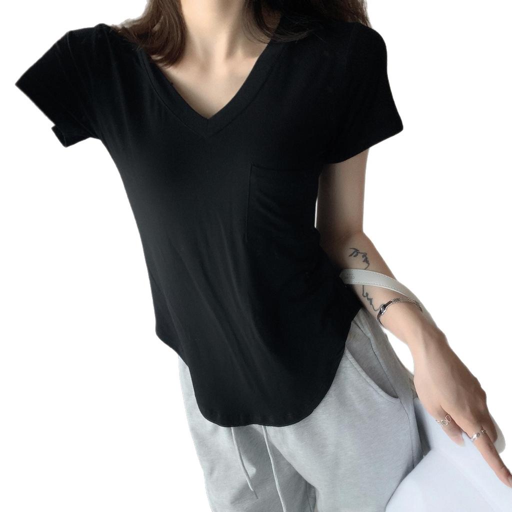 Pure Desire Wind Short-sleeved V-neck T-shirt Women's Summer New Loose and Careful Machine Pocket Top