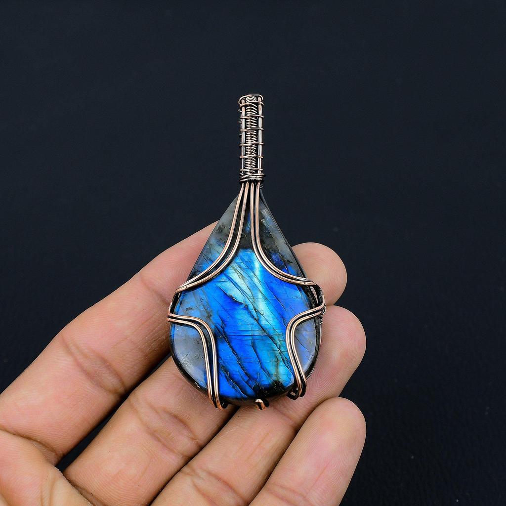 Labradorite Pendant, Handmade Gemstone 999 Copper Wire Wrapped Pendant Antique Jewelry, For Gift Silver Jewelry