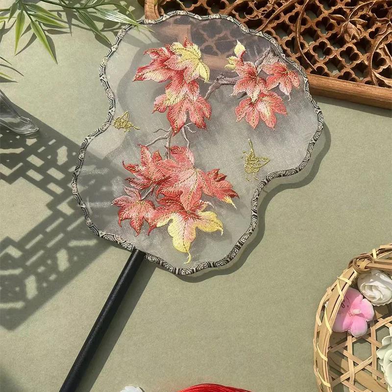 Chinese Style Hanfu Ancient Fan Dance Shooting Long Handled Embroidered Classical Double Sided Fan Female Decorative Fan