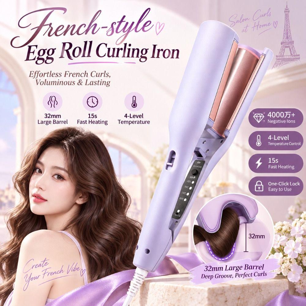 Clamping French-style Egg Roll Curling Iron 32mm Hair Styling Tool Wavy Hairstyles
