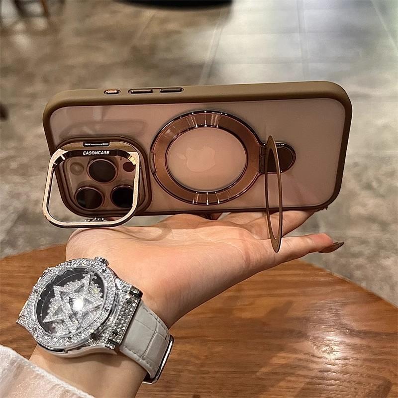 For iPhone 16 Pro Max Luxury Transparent Magsafe Magnetic Holder Frame Phone Case For iPhone 11 12 13 14 15Plus Lens Stand Cover