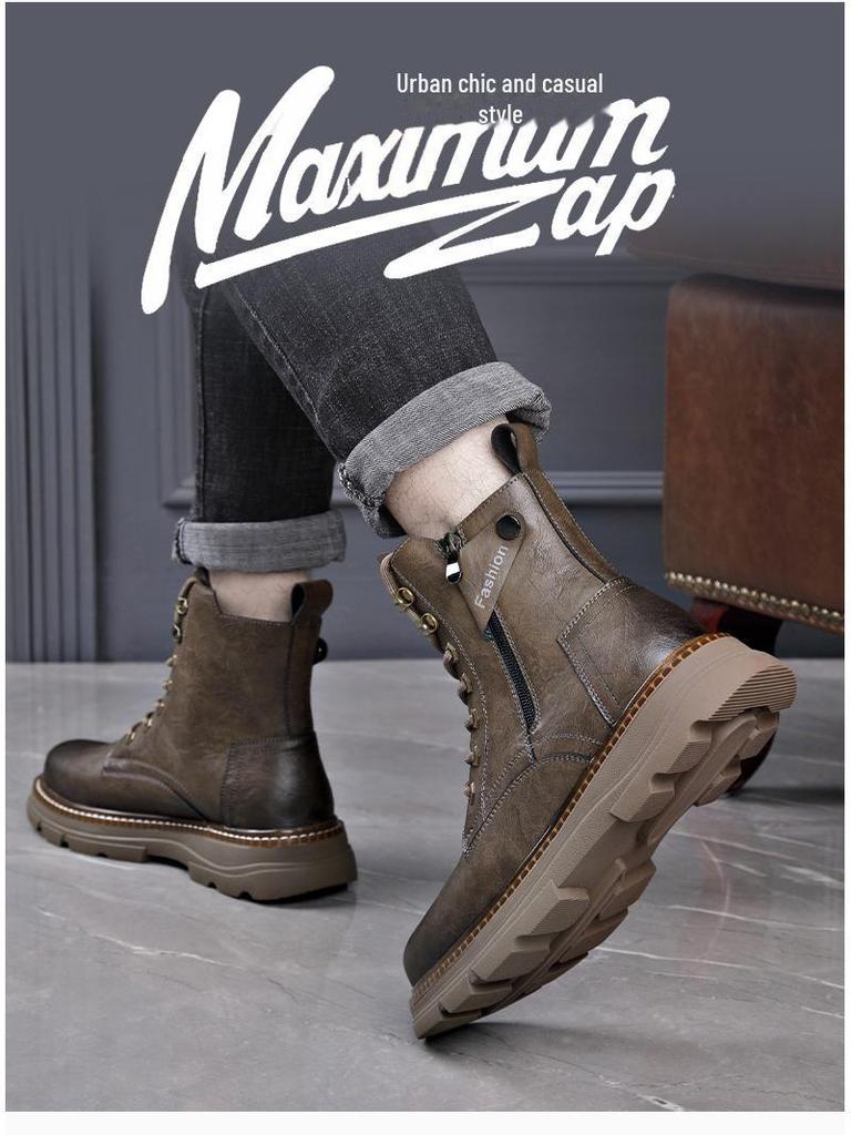 Men's Trendy Genuine Leather Martin Boots: Mid-Cut, All-Match High-Top with Velvet Lining for Autumn and Winter