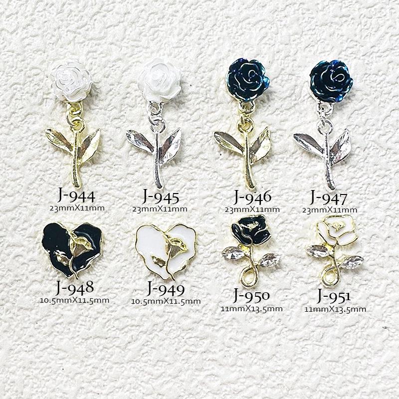 Trending Nail Art Alloy Camellia Pendant: Drip Oil Love, Black & White Rose, Color Edge Flower, Tassel Nail Diamond.