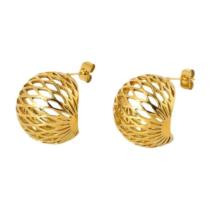 European and American retro design sense niche hollow diamond hemisphere stud earrings plated with 18k gold stainless steel waterproof earrings