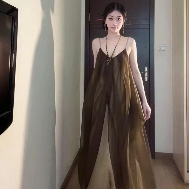 Summer French retro casual long dress loose temperament coffee break skirt summer design suspender dress women s clothing S
