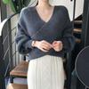Women's Korean Style Cross V-Neck Sweater - Plain Color, Loose Design, Long Sleeve Knitwear for Autumn/Winter 2026.
